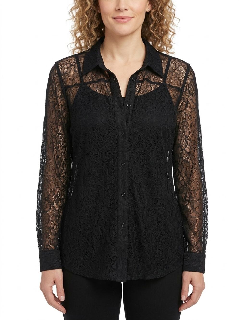 Chico's Sheer Floral Lace Long Sleeve Button Blouse Women See Measurements